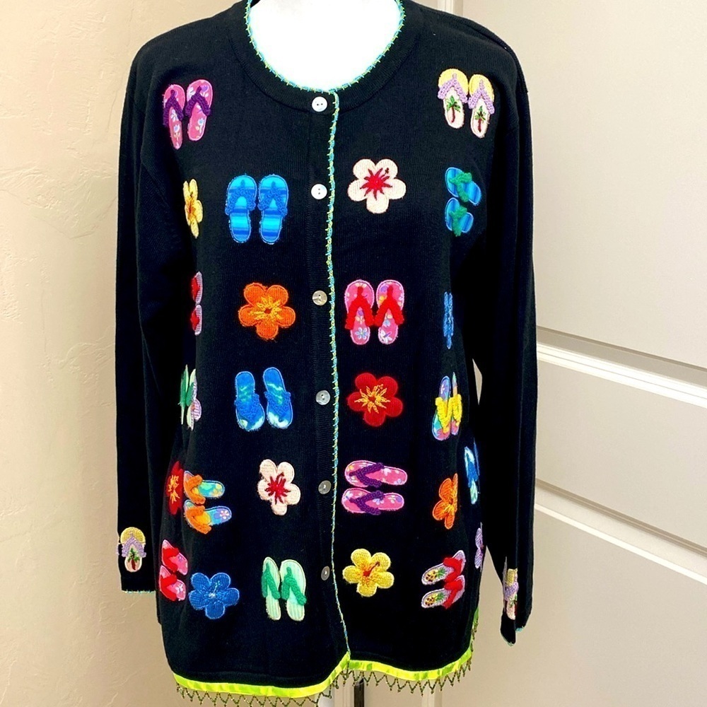 VTG Embroidered Cardigan Novelty Sweater Womens L 90’s Y2K Quirky Beach Artsy